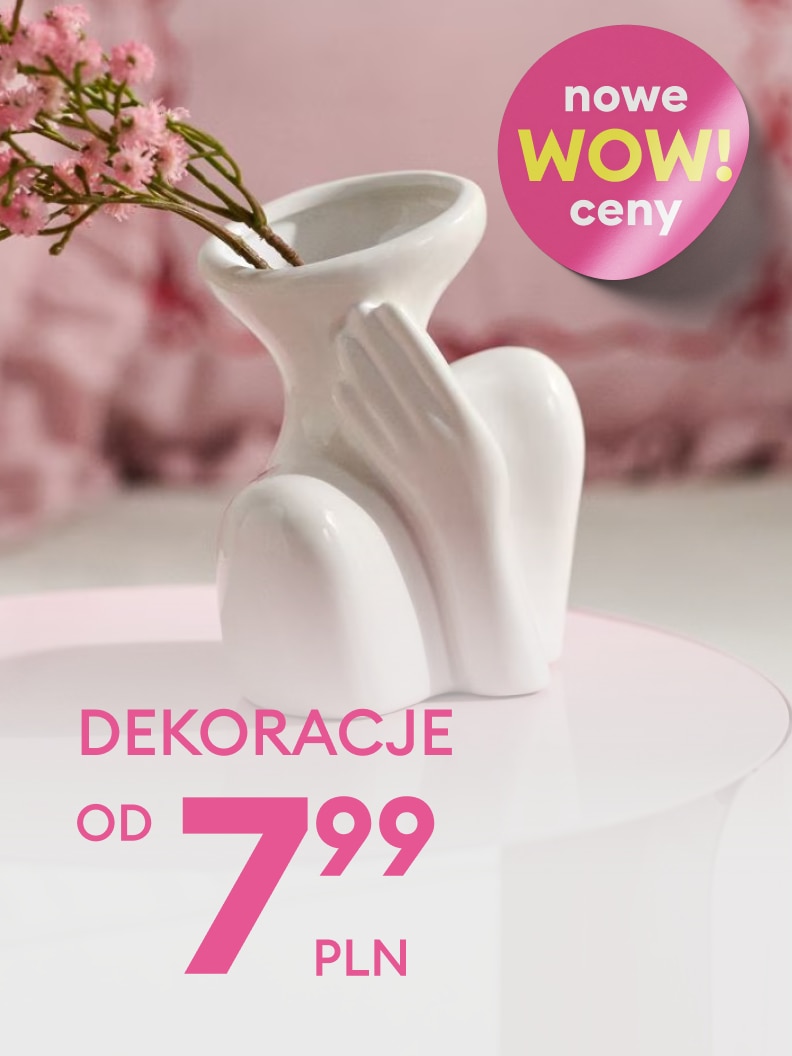 Promocja dekoracji do wnętrz z nowymi, obniżonymi cenami, dostępnych od 7,99 zł.