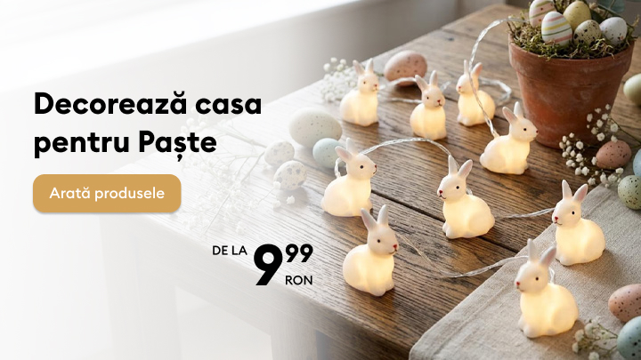 Promovare de decorațiuni pentru Paște, evidențiind o selecție de produse decorative pentru casă și invitând utilizatorul să le descopere și să cumpere la prețuri accesibile.