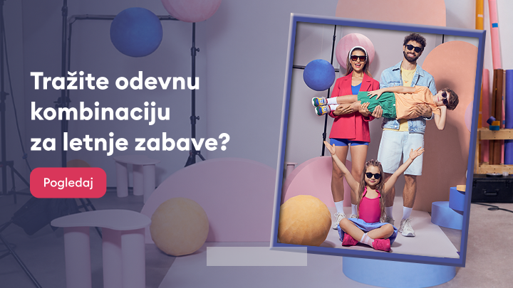 Promocija letnjih odevnih kombinacija za zabavu, sa porodičnim stilovima i pozivom da se pregleda ponuda.