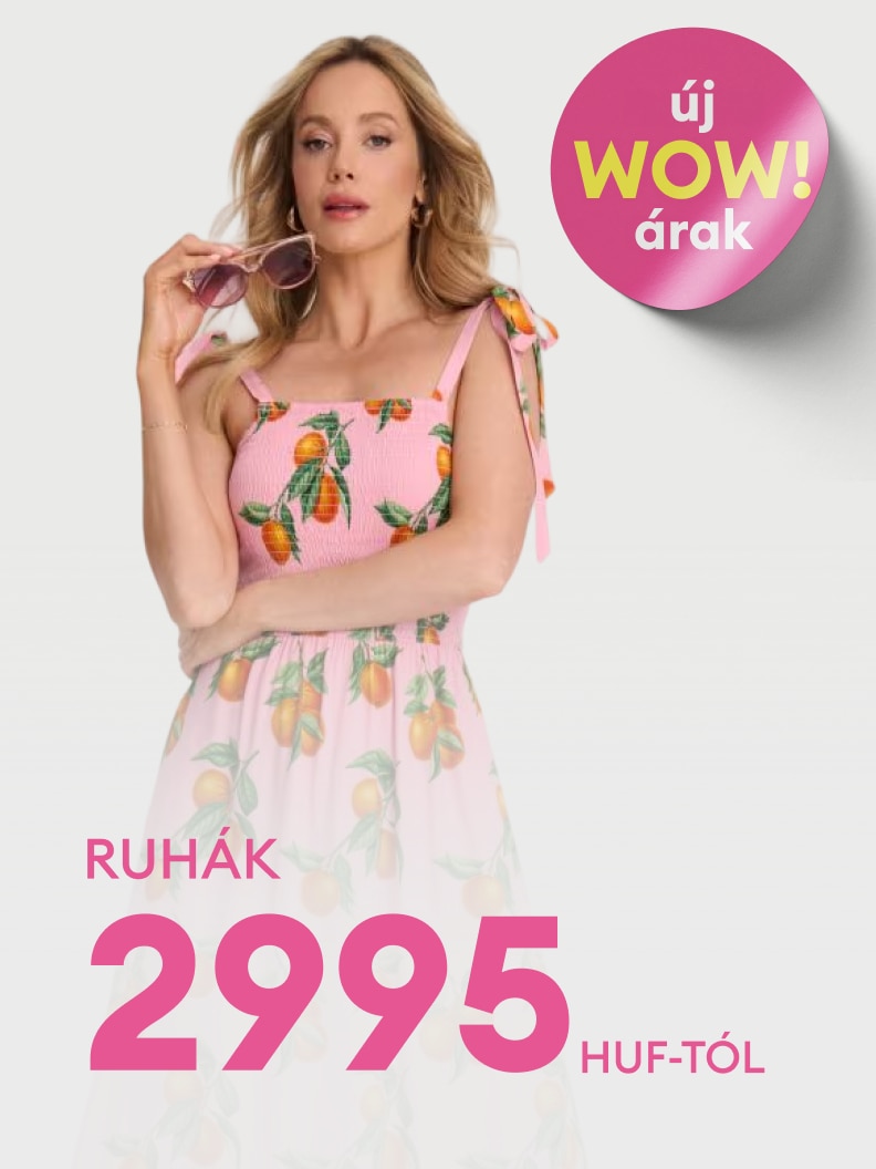 Promóció női ruhákra, kedvezményes árakkal már 2995 HUF-tól; új akció bemutatása a vásárlás ösztönzésére.