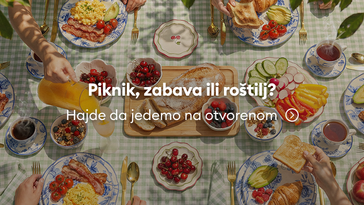 Poziv na uživanje u obroku na otvorenom, uz piknik, druženje ili roštilj, kao ideja za zajednički obrok i opuštanje.