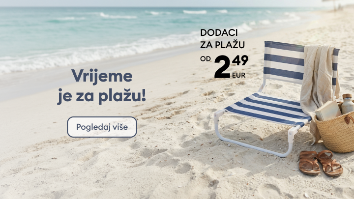 Promotivna poruka koja potiče na kupnju dodataka za plažu i pripremu za ljetni odmor uz povoljne cijene.