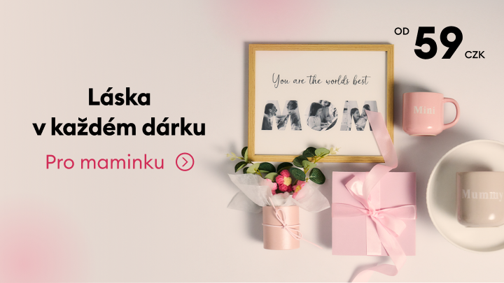 Reklamní banner propagující výběr dárků pro maminku, vhodných k obdarování, s dostupnou cenou od 59 Kč.