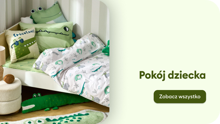 Zestaw dekoracji i tekstyliów do pokoju dziecięcego z motywem krokodyli, w tym pościel, poduszki, dywanik i pluszowe zabawki. Kliknij przycisk „Zobacz wszystko”, aby odkryć całą kolekcję produktów dziecięcych z tym motywem.