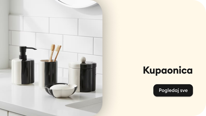 Promotivni vizual za kategoriju kupaonice, predstavlja kupaonske dodatke i potiče korisnika na pregled i kupnju proizvoda.