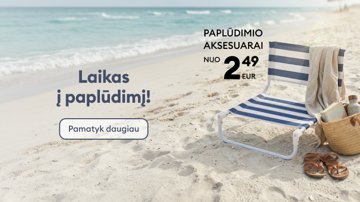 Skatina įsigyti paplūdimio aksesuarus ir peržiūrėti pasiūlymus; pabrėžia sezonišką poilsį paplūdimyje ir kainas nuo 2,49 EUR.