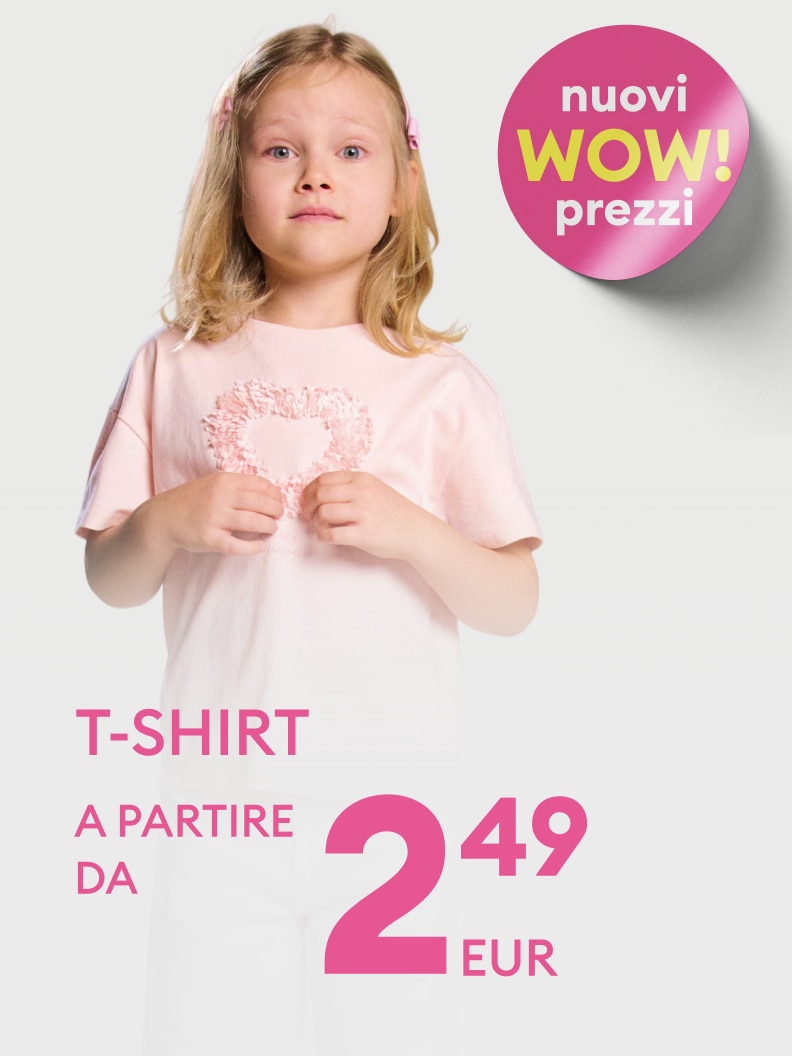 Promozione su t-shirt per bambina con nuovi prezzi convenienti, disponibili a partire da 2,49 euro.