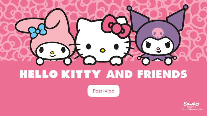 Hello Kitty a jej priatelia: My Melody a Kuromi. Známe postavičky zo sveta Sanrio, ktoré spolu objavujú zábavné príbehy a veselé dobrodružstvá. Kliknite na „Pozri viac“ a spoznajte ich svet bližšie.