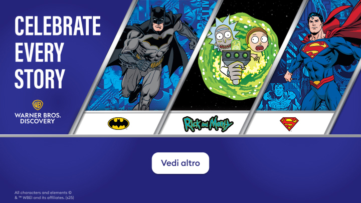 Illustrazione che celebra personaggi iconici di Warner Bros Discovery: Batman con il suo simbolo, Rick e Morty davanti a un portale verde e Superman con il suo simbolo. Slogan 