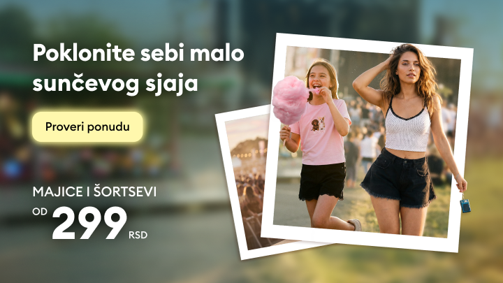 Promocija letnje ponude odeće sa pozivom da se pogleda asortiman, uz isticanje majica i šortseva po pristupačnoj ceni.