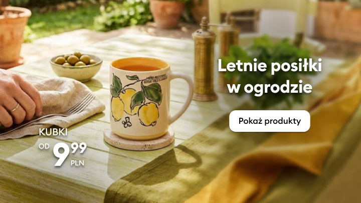 Baner promujący letnie posiłki w ogrodzie, zachęcający do zakupu kubków i akcesoriów stołowych do użytku na zewnątrz, z atrakcyjną ceną startową.