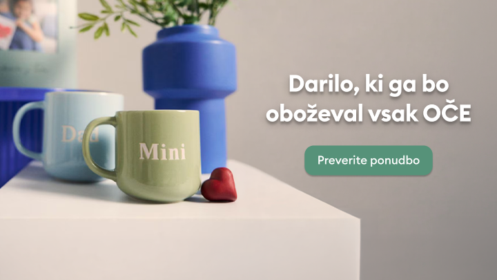 Promocija idej za darilo za očeta, poudarja personalizirane skodelice kot primerno izbiro za presenečenje in razvajanje ob posebni priložnosti.