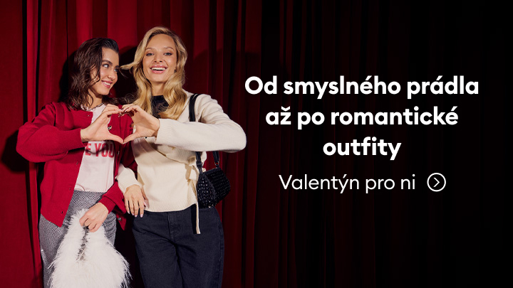 Od smyslného prádla po romantické outfity, inspirace na Valentýna pro ni. Na obrazku jsou osobnosti v módních červených a bílých outfitech, které společně tvoří tvar srdce z rukou. Text vybízí k prozkoumání nabídky na Valentýnské dárky.