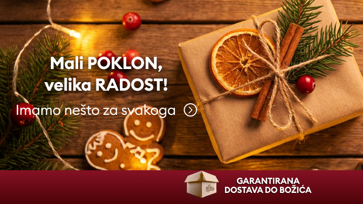 Božićni dar s porukom "Mali poklon, velika radost!", ukrašen prirodnim detaljima poput suhe naranče i cimeta. Tekst poziva na odabir poklona za svakoga uz garantiranu dostavu prije Božića. Atmosfera topline blagdana sa slatkim detaljima poput medenjaka.