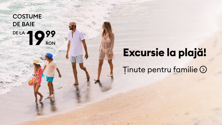 Promovare colecție de costume de baie și ținute de plajă pentru întreaga familie, sugerând o excursie la mare și achiziții pentru sezonul estival.