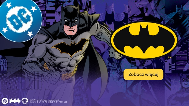 Grafika promująca kolekcję DC Comics z Batmanem i zachęcająca do zapoznania się z ofertą produktów inspirowanych superbohaterem.