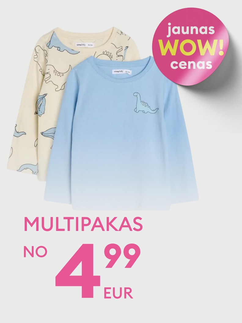 Reklāma bērnu krekliņu multipakam ar dinozauru motīviem, piedāvājot izdevīgu akcijas cenu.