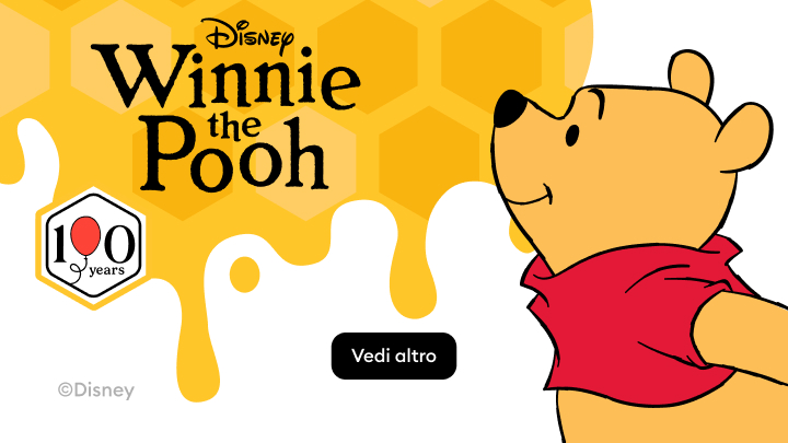 Banner promozionale dedicato a Winnie the Pooh di Disney che celebra il centenario e invita a scoprire contenuti o prodotti correlati.
