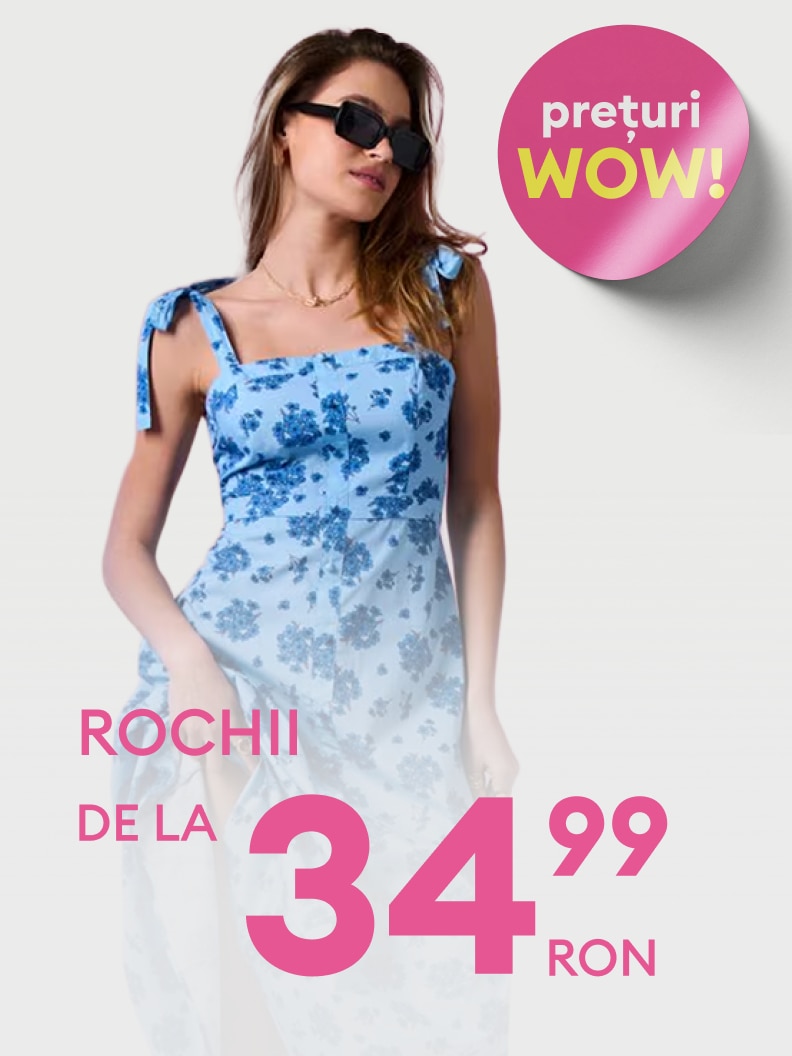 Promovare de rochii pentru femei la preț redus, comunicând o ofertă avantajoasă pentru achiziții de sezon.