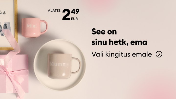 Emadepäeva kingiideede reklaam, mis kutsub valima emale sobiva kingituse ja rõhutab taskukohaseid valikuid.