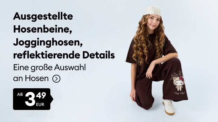 Werbung für Kinder-Jogginghosen mit ausgestellten Hosenbeinen und reflektierenden Details zu einem günstigen Preis