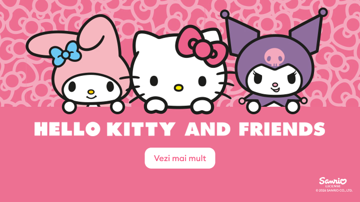 Hello Kitty este alături de doi dintre prietenii săi: un iepuraș cu fundiță albastră și un personaj cu o glugă mov și expresie jucăușă. Textul principal invită utilizatorul să exploreze mai multe informații despre aceste personaje îndrăgite.