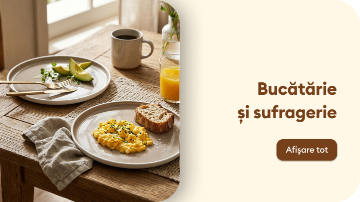 Promovare categorie produse pentru bucătărie și sufragerie, evidențiind un accesoriu de gătit utilizat la prepararea alimentelor acasă.