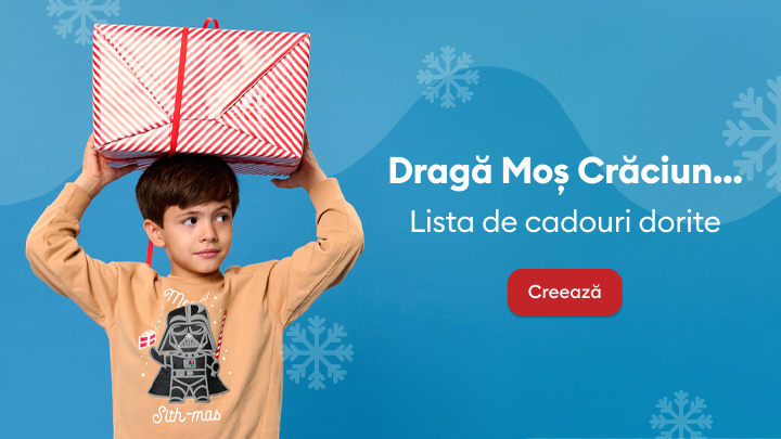 Un copil ține deasupra capului o cutie mare, împachetată în hârtie cu dungi albe și roșii. Lângă el, textul afișează: „Dragă Moș Crăciun… Lista de cadouri dorite” și un buton roșu cu textul „Creează.” banner