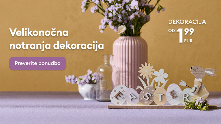 Promocijski prikaz velikonočne notranje dekoracije z izpostavljeno sezonsko ponudbo in ugodno začetno ceno, namenjen spodbujanju ogleda in nakupa dekorativnih izdelkov.