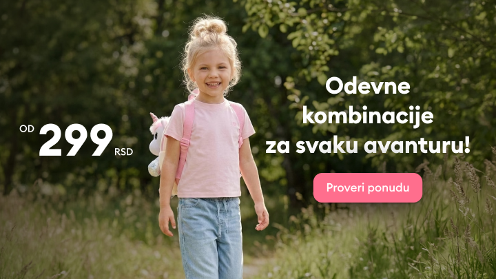 Promotivna poruka za dečije odevne kombinacije namenjene igri i avanturama, sa naglaskom na povoljnu ponudu i poziv da se istraži asortiman.