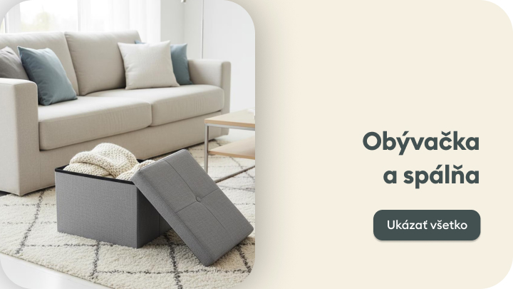 "Obývačka s moderným gaučom a odkladacím boxom na pohodlné uskladnenie vecí. Priestor je zariadený štýlovo a funkčne, vhodný na relaxáciu. Na pravej strane sa nachádza tlačidlo s textom ‚Ukázať všetko‘ pre zobrazenie ďalších možností."