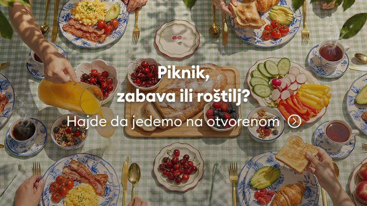 Poziv na uživanje u obroku na otvorenom, naglašava piknik ili roštilj kao priliku za druženje, opuštanje i zajedničko dijeljenje hrane.