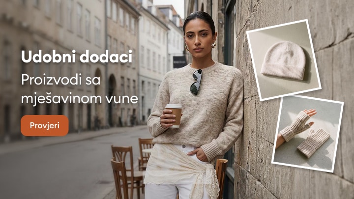 Promocija udobnih dodataka od mješavine vune za hladnije dane, uključujući kapu i rukavice bez prstiju.