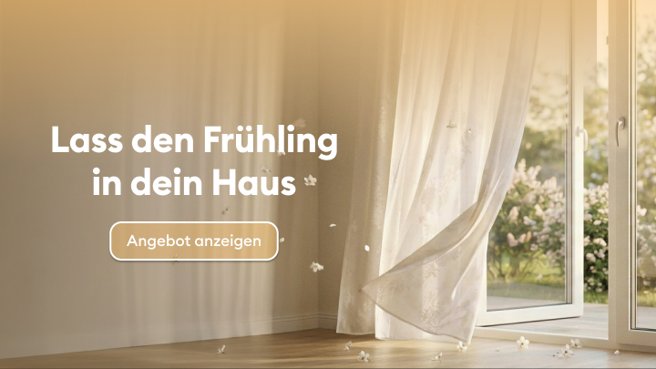 Werbebanner, der dazu einlädt, das Zuhause im Frühling aufzufrischen und Wohnräume heller und luftiger zu gestalten, mit Fokus auf Wohnkomfort und saisonale Inspiration.