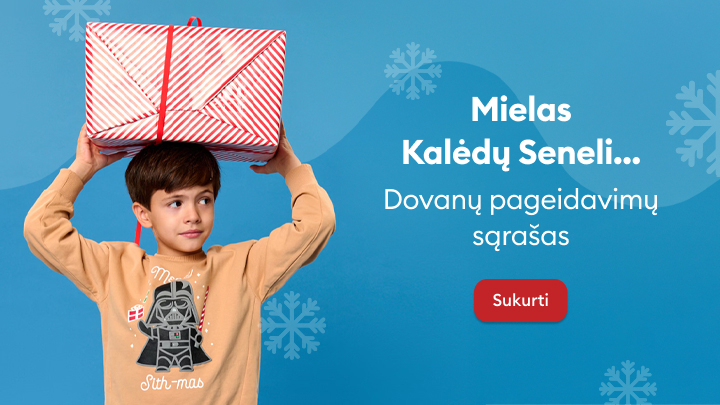 Mielas Kalėdų Seneli, sukurkite dovanų pageidavimų sąrašą. Raudonai baltos spalvos dovanų dėžė laikoma virš galvos, o žemiau pateiktas kvietimas paspausti mygtuką „Sukurti“. Fone matomi snaigių motyvai ir šventinė atmosfera. banner