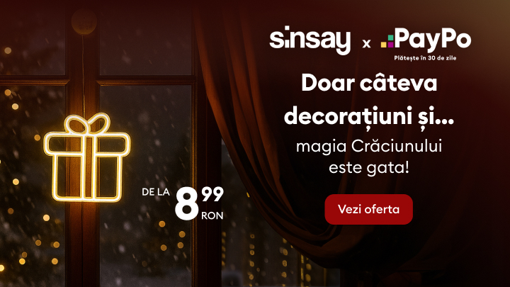 Decor era magie de Crăciun. Descoperă decorațiuni Sinsay de la doar 8,99 RON. Plătește în 30 de zile cu PayPo. Alege oferta perfectă pentru casa ta și adaugă farmec sărbătorilor. Vezi oferta completă acum. banner