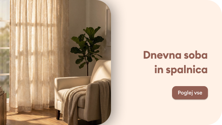 Promocijski vizual, ki uporabnika usmeri k ponudbi za opremljanje dnevne sobe in spalnice.