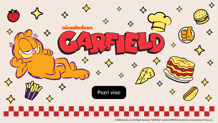 Propagačný banner predstavujúci animovanú postavu Garfielda a značku Nickelodeon, ktorého účelom je upútať pozornosť a vyzvať používateľa k preskúmaniu ďalšieho obsahu.