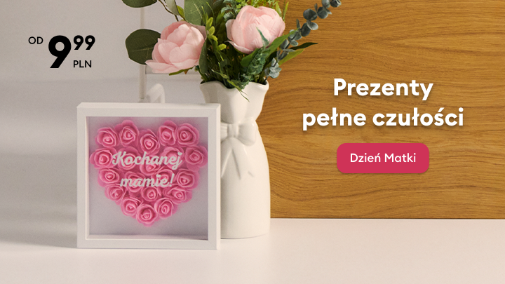 Promocja prezentów na Dzień Matki, podkreślająca czułość i emocjonalny charakter upominków oraz atrakcyjną cenę wyjściową.