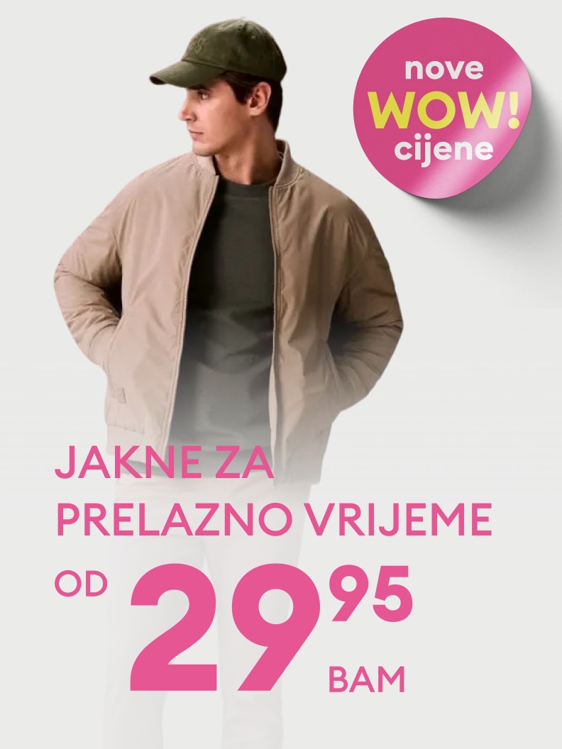 Promotivna poruka za muške jakne za prelazno vrijeme, s naglaskom na nove snižene cijene i početnu cijenu od 29,95 BAM.