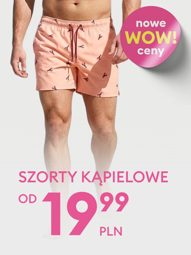 Promocja męskich szortów kąpielowych prezentowanych na modelu, z informacją o obniżonej cenie rozpoczynającej się od 19,99 zł.
