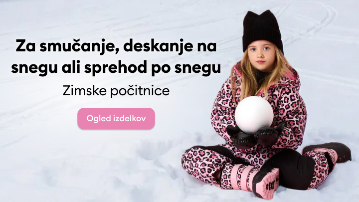 Za aktivnosti na snegu, kot so smučanje, deskanje ali sprehodi, predstavljamo zimsko ponudbo izdelkov. Prikazana je oseba na snegu s snežno kroglo. Spodaj je gumb "Ogled izdelkov" za raziskovanje ponudbe za zimske počitnice.