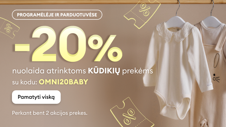 Reklaminė žinutė apie 20 % nuolaidą atrinktoms kūdikių prekėms, galiojančią internetu ir parduotuvėse su nuolaidos kodu, perkant mažiausiai dvi akcines prekes.
