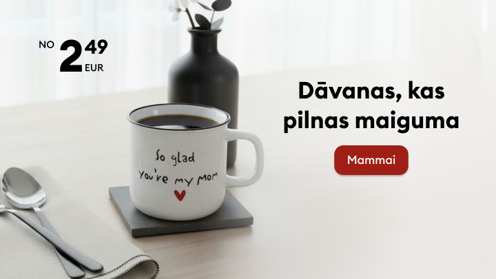 Reklāma dāvanai mammai: sirsnīga krūze kā ikdienas pārsteigums, pieejama par 2,49 EUR.
