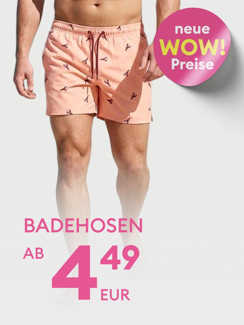 Werbebild zur Bewerbung von Herren‑Badehosen mit Fokus auf ein neues, besonders günstiges Preisangebot und eine zeitlich begrenzte Aktion für Sommer und Strand.