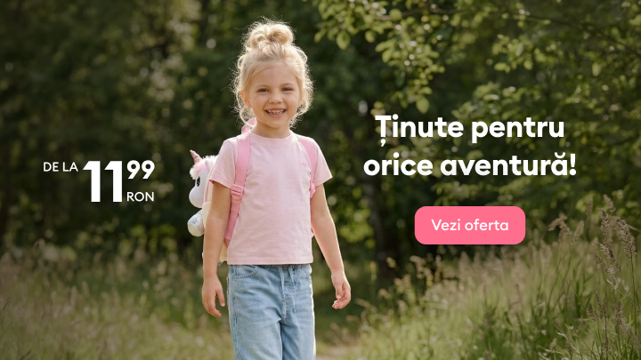 Promovare de îmbrăcăminte pentru copii, potrivită activităților în aer liber, evidențiind confortul și caracterul practic, cu ofertă accesibilă și invitație de a explora colecția.
