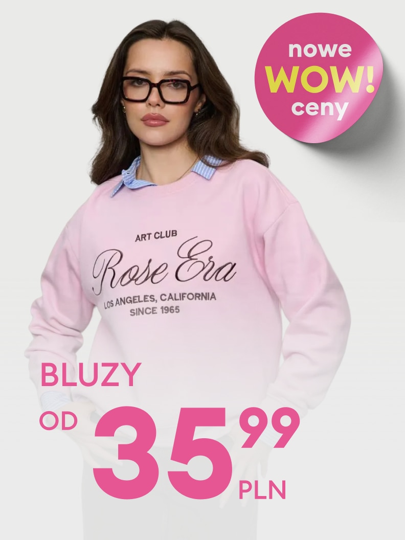 Bluzy damskie w promocyjnej cenie od 35,99 PLN. Na bluzie znajdują się napisy: „Art Club Rose Era, Los Angeles, California, Since 1965”. Promocja oznaczona hasłem „Nowe WOW ceny”. Idealna propozycja na co dzień.