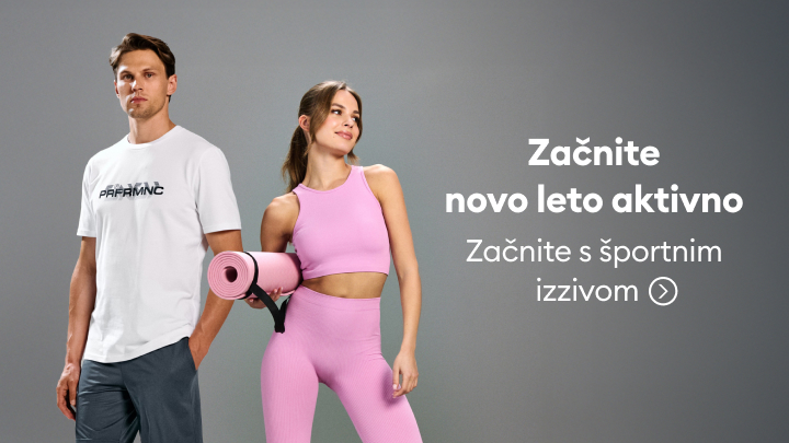 Začnite novo leto aktivno z vadbo in športnim izzivom. Na sliki sta osebi v športnih oblačilih, ena drži podlogo za vadbo. Slogan spodbuja k začetku novega leta s pozitivnimi spremembami in aktivnim življenjskim slogom.