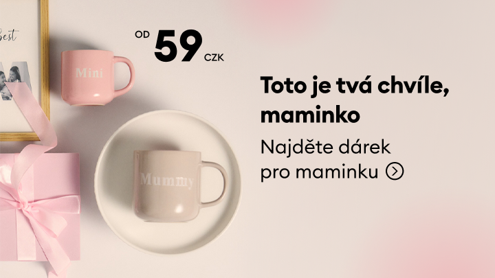 Propagační banner k výběru dárku pro maminku, představující drobné dárky jako hrnky a upozorňující na cenově dostupnou nabídku.