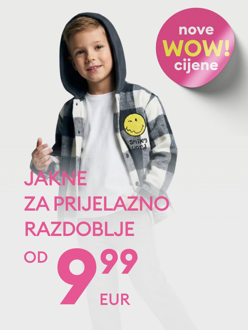 Promotivna poruka o sniženju prijelaznih jakni za djecu, s istaknutom povoljnom cijenom i naglaskom na nove akcijske ponude.